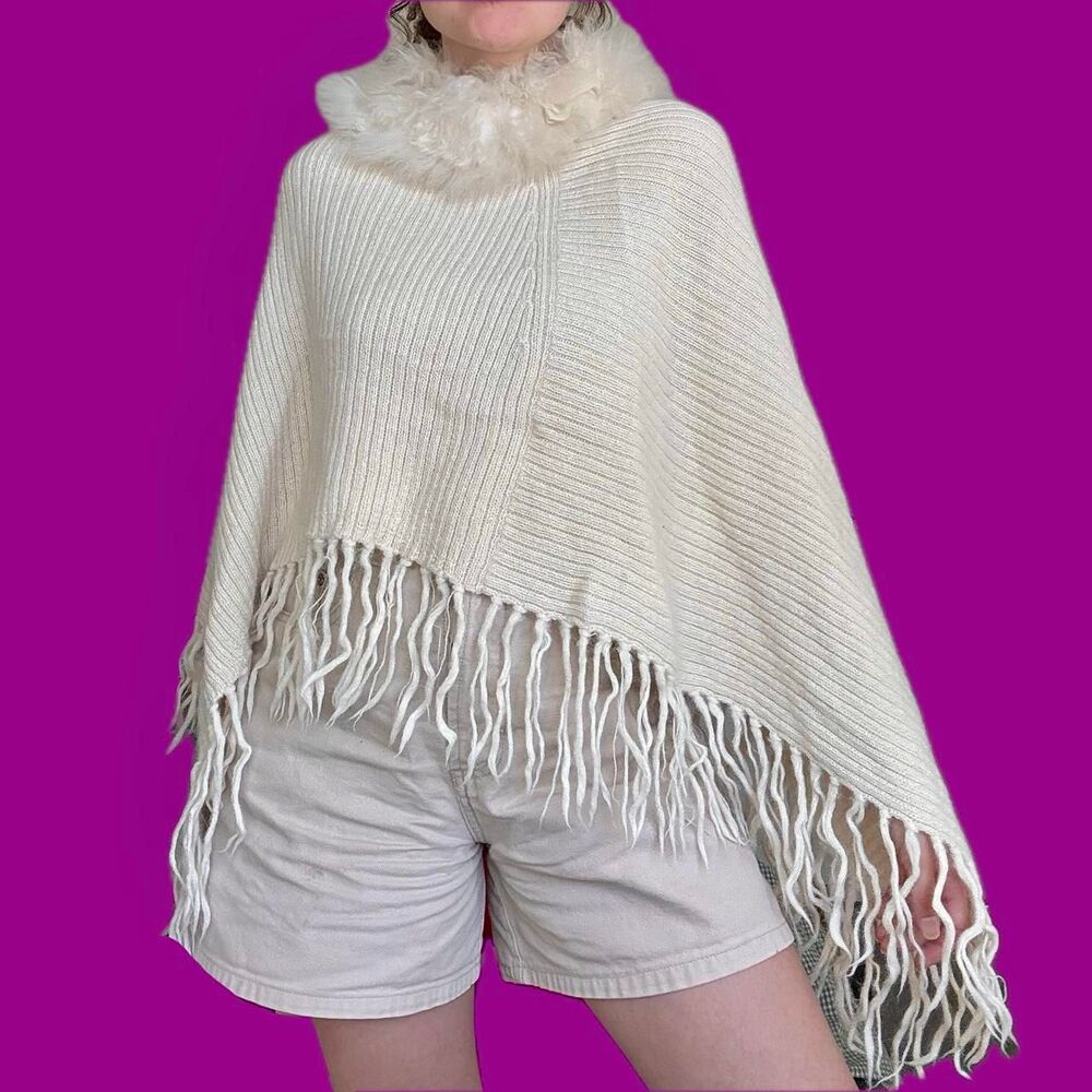 Simply Natural Fur Trim Knit Poncho | Cream Fringe Wrap | One Size